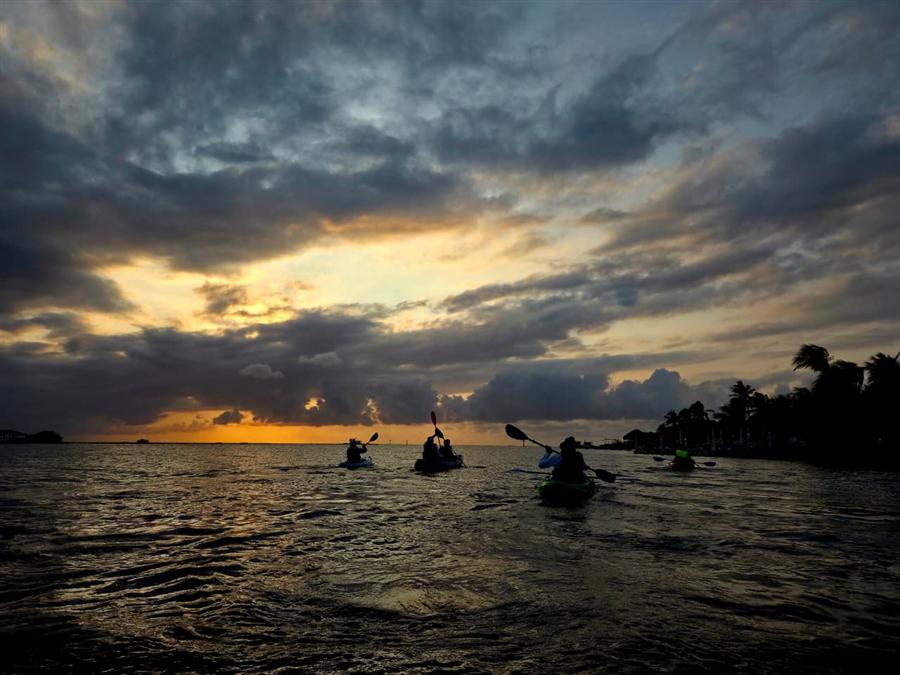 Group of kayakers paddling toward the sunset