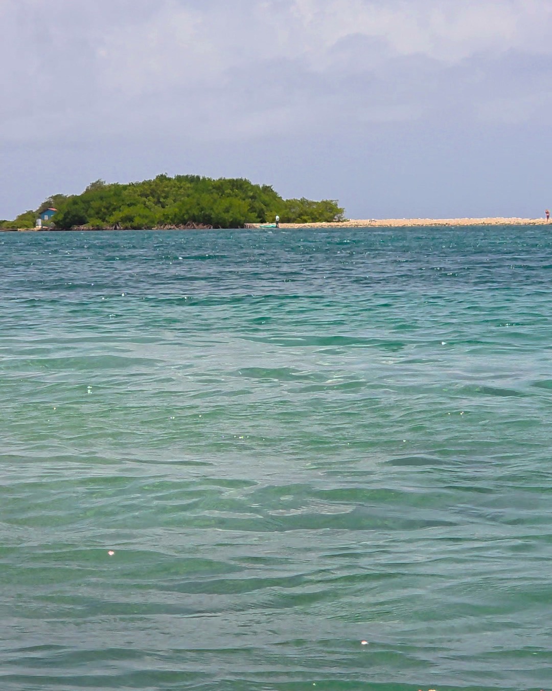A wooded islet and a pale sand spit seen across a wide stretch of green-blue water from kayak height