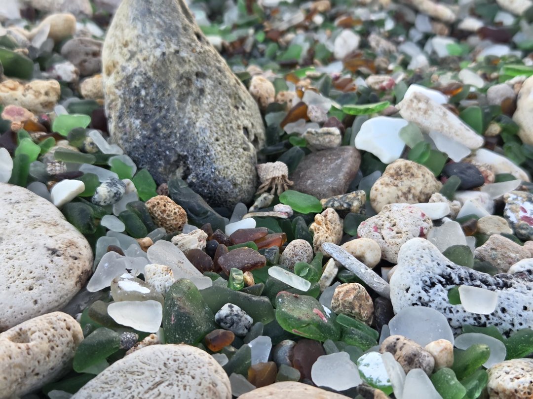 Low evening light across a shoreline of green, white and amber sea glass mixed with coral stones