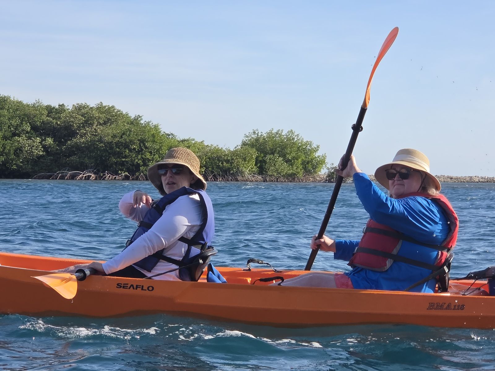 Two guests paddling a tandem kayak past the mangroves on Aruba's south coast